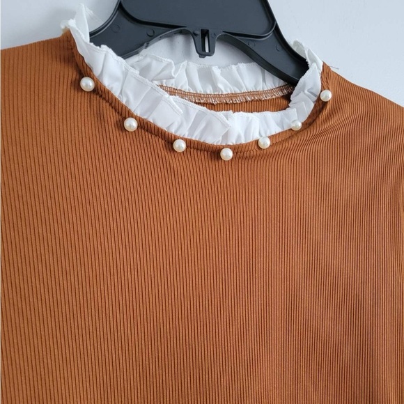 Lace Trim Pearls Beaded Ribbed Knit Tee - Picture 3 of 4